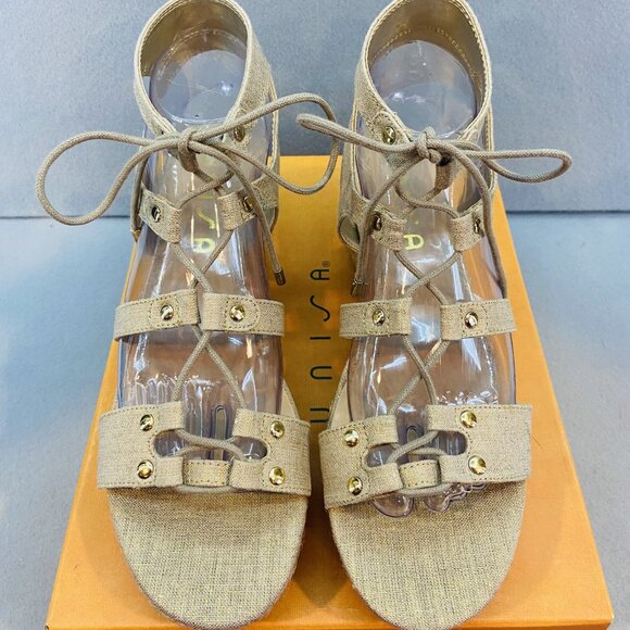 Unisa Gold Fabric‎ Strappy Wedge Sandal SZ 10 Summer/Vacation/Boho Style NWB - Picture 1 of 9